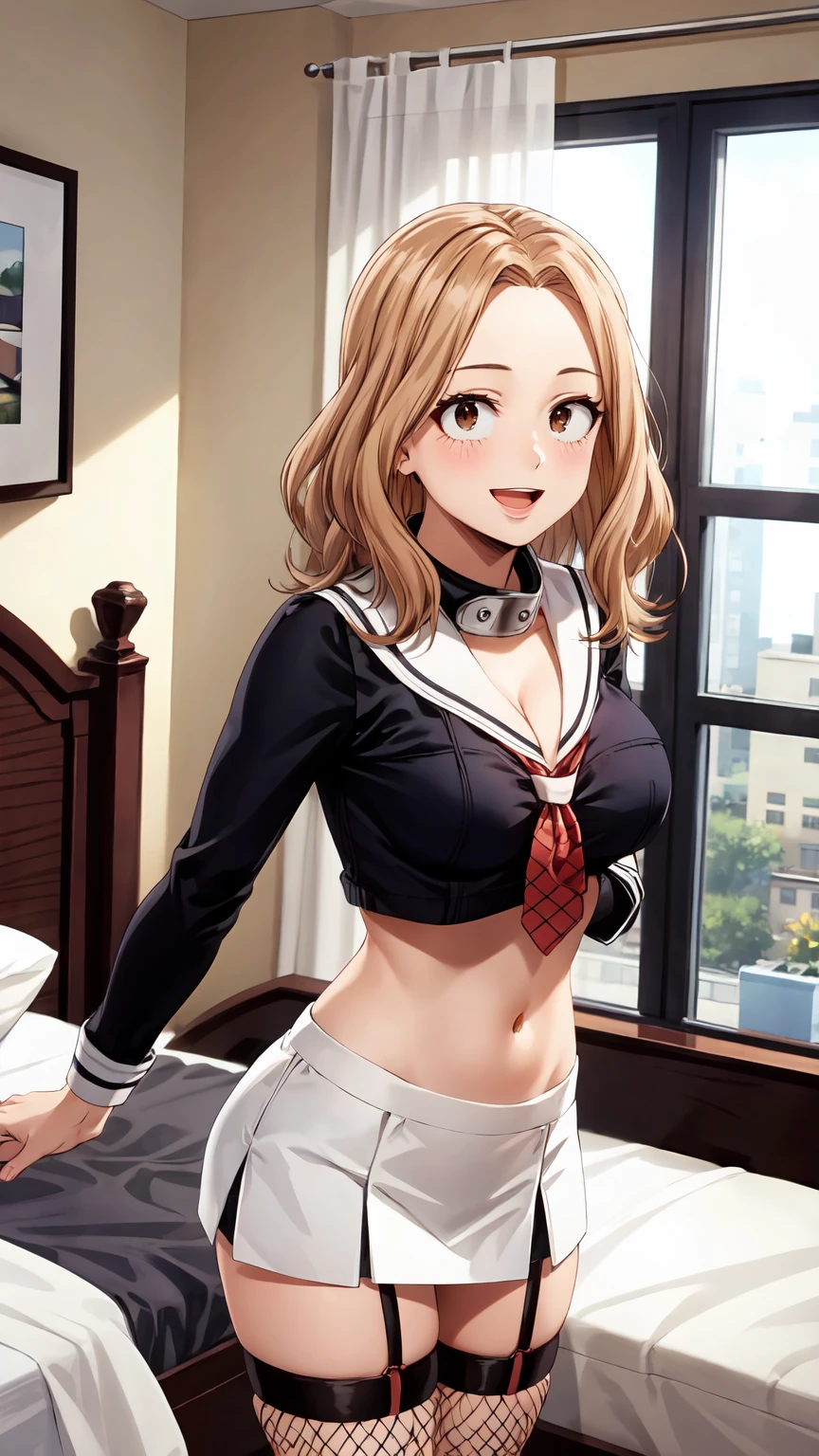 Masterpiece ,best quality , high resolution , ultra detail , (face view , look at view , front view , stanging , cowboy_shot) , (wide angle , ultra detail eyes , perfect face , ultra detailed hair and face) , (1 girl solo:1.3) , (Camie , brown hair , brown eyes) , (wear sailor , tie , thigh strap , miniskirt , fishnet stockings , Fishnet socks) , belly m navel , (standing:1.25) , (cleavage:1.3) , (medium breast:1.3) , ( full face blush , shy , smile , open mouth) , (indoor, bedroom, windows , bed )