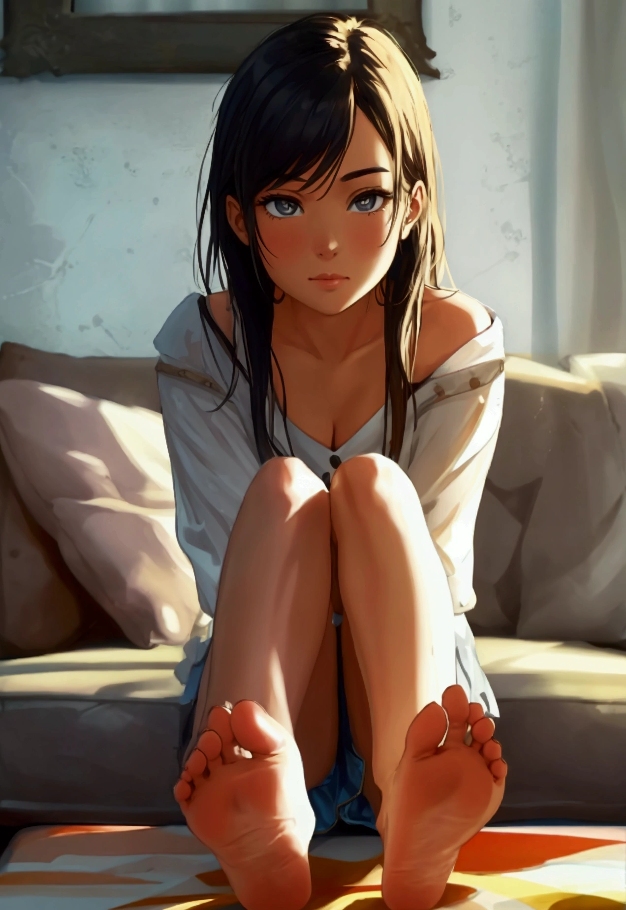 1girl sitting on a couch in a living room with her feet lift up on a table and soles facing the camera, barefoot, , confident look