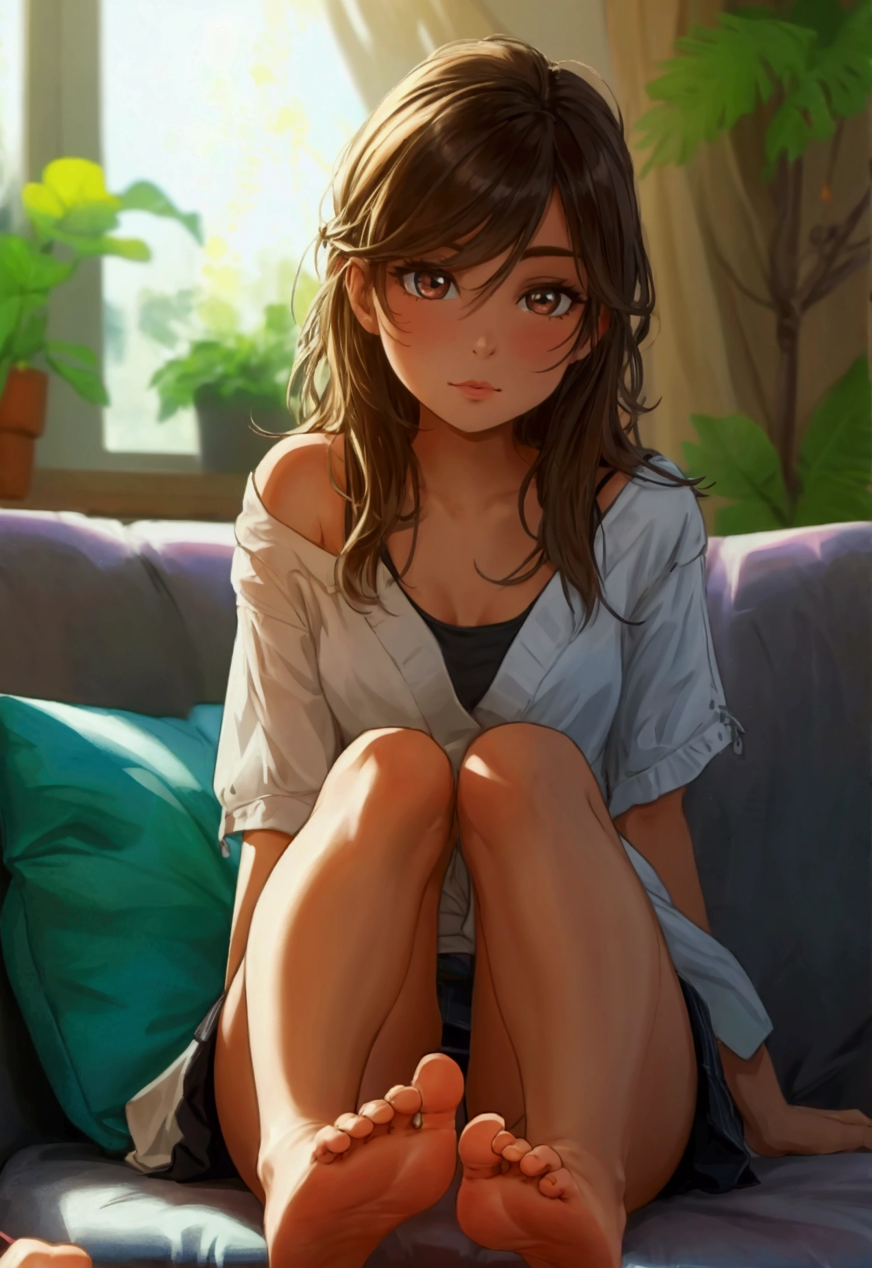 1girl sitting on a couch in a living room with her feet lift up on a table and soles facing the camera, barefoot, , confident look