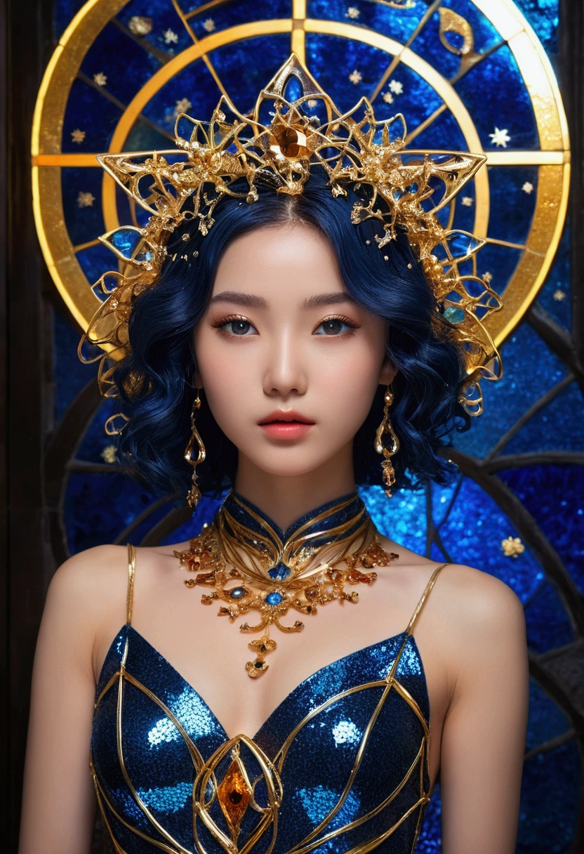 8k，RAW photos，Graphics：1.25），（Lip Gloss，eyelash，Smooth face，Glowing skin，Top quality，Ultra-high resolution，Depth of Field，Chromatic Aberration，Caustics，Wet lips，Super cropped face，Shining and delicate eyes，Black Hair，Half Length，Fashion tight knit dress, Thin ( Absurd , high quality , Super detailed, Watch your hands )Zodiac sign - Goddess of Sagittarius , Similar to the goodness of Latin . Optimistic, fair, Funny and intelligent face . recklessness, Ruthless, impatient, Overconfident style . Dark blue eyes (Eye details) , Sparkling deep blue hair , Transparent dress , In the sea of shining stars , whole body , Nature of fire , God Chiron(masterpiece, Highest quality, Highest quality,Official Art, beautifully、Super Gold Hairstyle、aesthetic:1.2),(One girl:1.3), One girl BREAK stained glass art, Colored Glass, Lead wire, Light transmission BREAK Vivid colors, Intricate Design, Glowing effect, Spiritual atmosphere、Background abstract korean strip dancer,vagina mouse