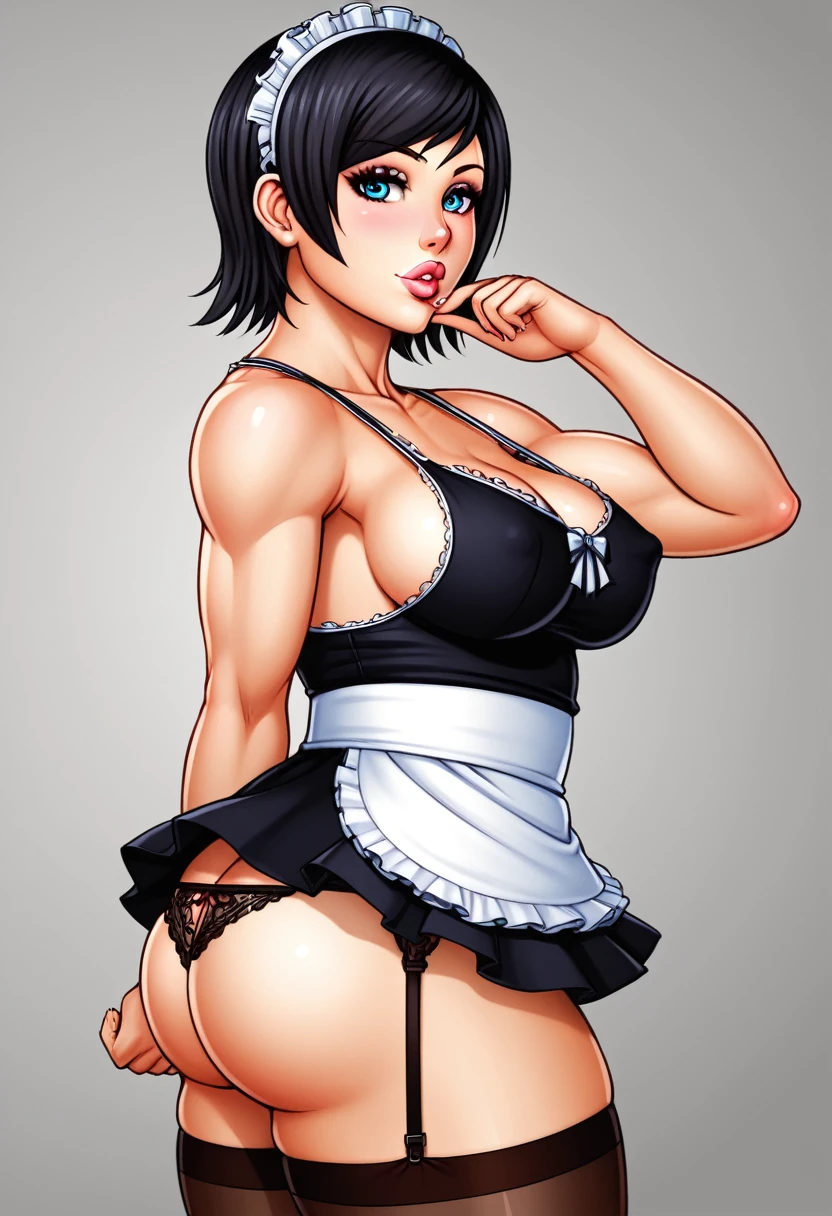 1 girl, name("Lana"), physique (“short” + “medium-sized breasts” + “plump lips” + “plump hips” + “firm ass”), clothes (“maid dress with a short skirt and deep neckline, transparent - black stockings, thongs”), favorite style of clothing (“short dress” + “long tank top” + “sexy outfits” + “sexy underwear” + “erotic outfits” + “erotic lingerie”), hair("long black hair"), фон комната, сексуальная поза