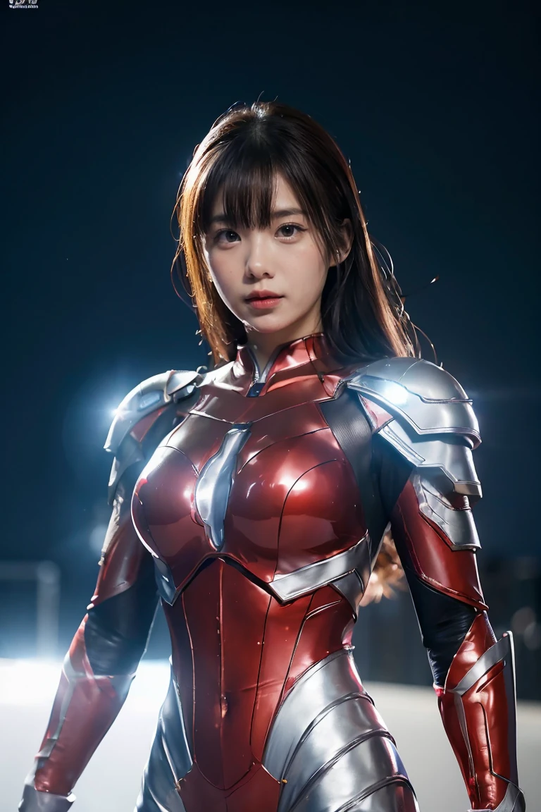 Ultraman、realistic、realistic、cinematic lighting, Girl in a shiny red and silver suit、15 years old、professional photos、Don'Do not expose your skin, japanese model, japanese cgi、Ultraman Suit、, Power Rangers Suit、tight and thin cyber suit,Whole body rubbery、There's pink There、 delicate body, big breasts、small ass、thin thighs、thin arms、thin waist、camel toe、Both sides of the cyber suit stick to the skin、Big eyes、black short hair、facing the front、facing the front立っている、A glowing sphere is embedded in the chest.、Essay Examination、 blue sky background