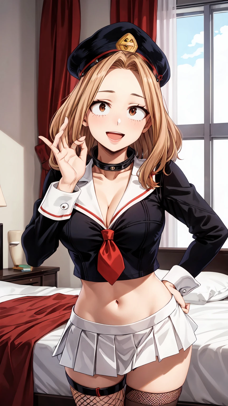 Masterpiece ,best quality , high resolution , ultra detail , (1 girl solo:1.3) , (Camie , brown hair , brown eyes) , (wear sailor , tie , thigh strap , miniskirt , fishnet stockings , Fishnet socks) , belly m navel , (standing:1.25) , (cleavage:1.3) , (medium breast:1.3) , ( full face blush , shy , smile , open mouth) , (indoor, bedroom, windows , bed ) , (face view , look at view , front view , stanging , cowboy_shot) , (wide angle , ultra detail eyes , perfect face , ultra detailed hair and face) , 