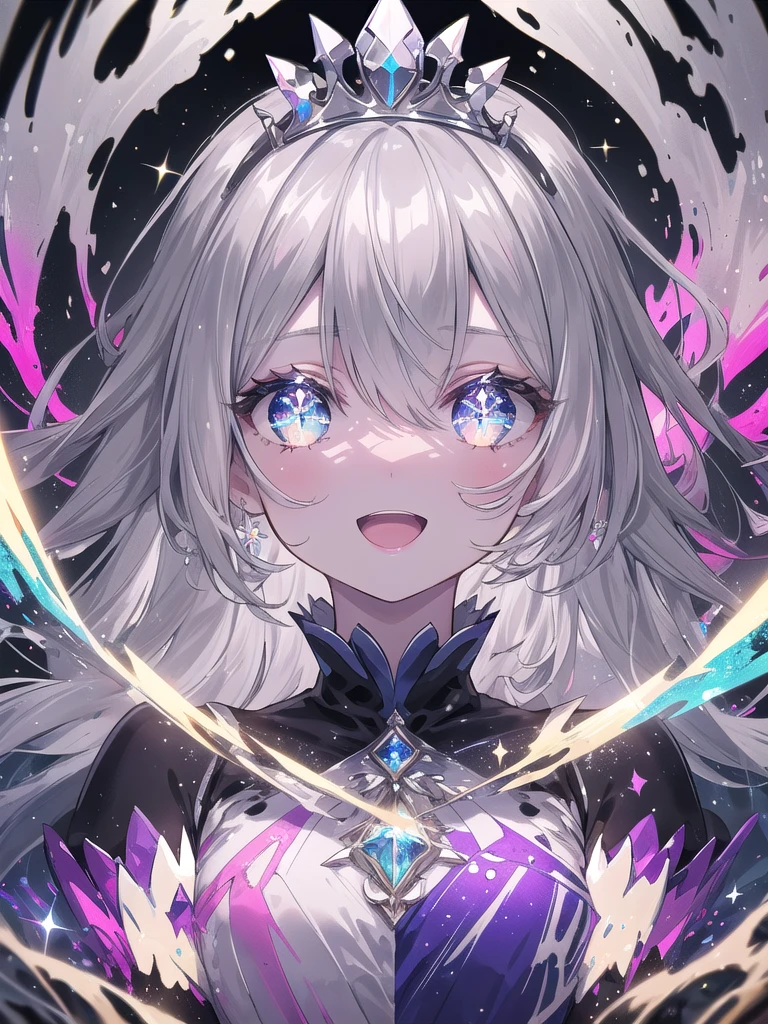 ((8k, best quality, master piece: 1.3)),super high resolution,(1 girl, solo), (colorshift eyes, hyperdetailed, expressive eyes)),((high contrast effect, kaleidoscope effect, sparkling effect, ripple effect, glitter RGB effect), glowing eyes, ultra detailed eyes, complex eyes, beautiful eyes, ultra-detailed face, random hair, ((silver gray color)), Ecstatic expression, Princess dress, chiffon, satin, pink, white, tiara, gloves, Magical cave, blue, purple, gold, dark and magical glow