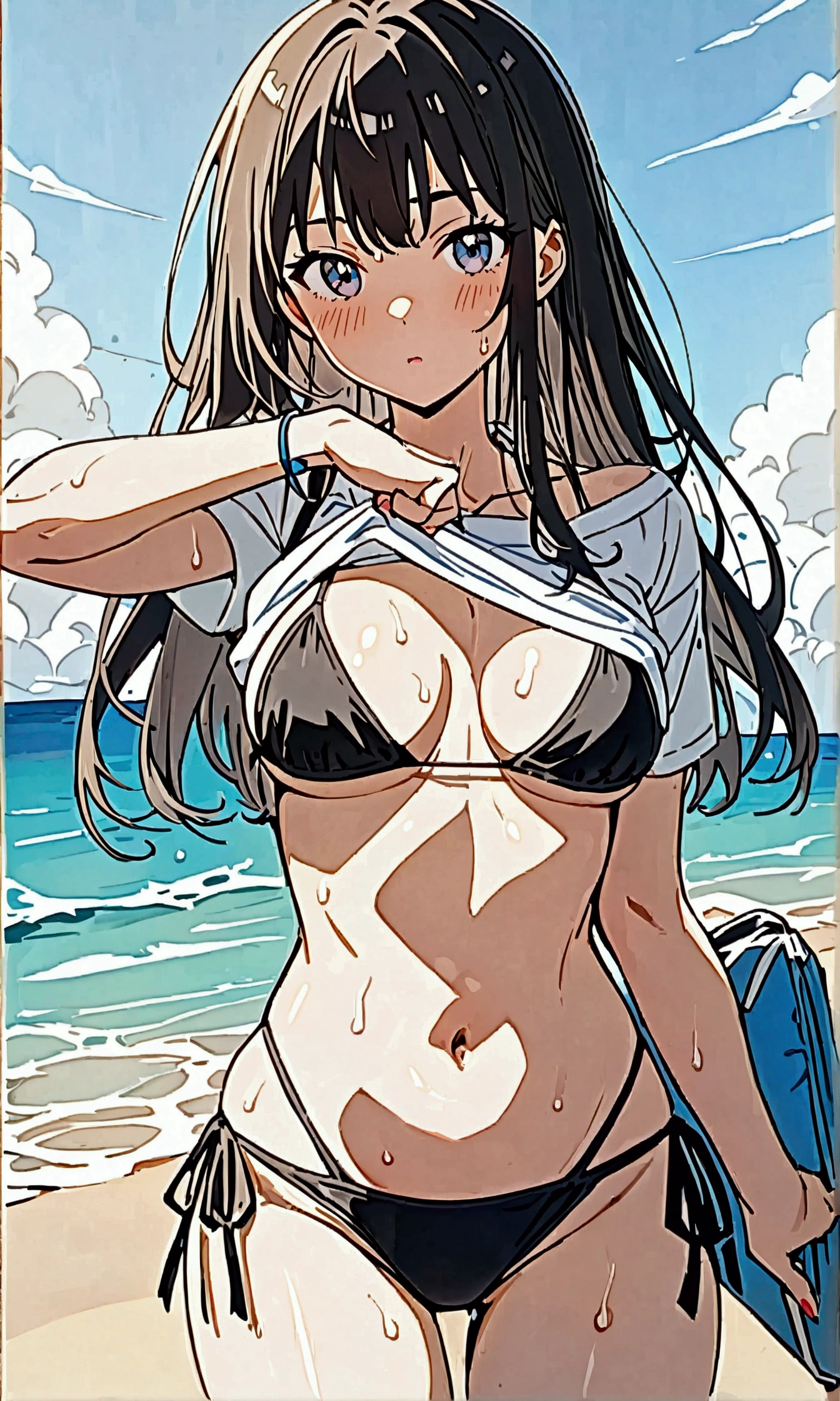 score_9, score_8_up, score_7_up,BREAK,best quality,masterpiece,aesthetic,very aesthetic,(anime style:1.2), medium shot, 1girl, inoue takina, lycoris recoil,black bikini,navel,side-tie_bikini, shirt,wet.shirt lift,
(Shiny bare skin), 

cool,
standing pose,top angle,straight-on ,

(beach,sunshine),
professional lighting,cinematic lighting