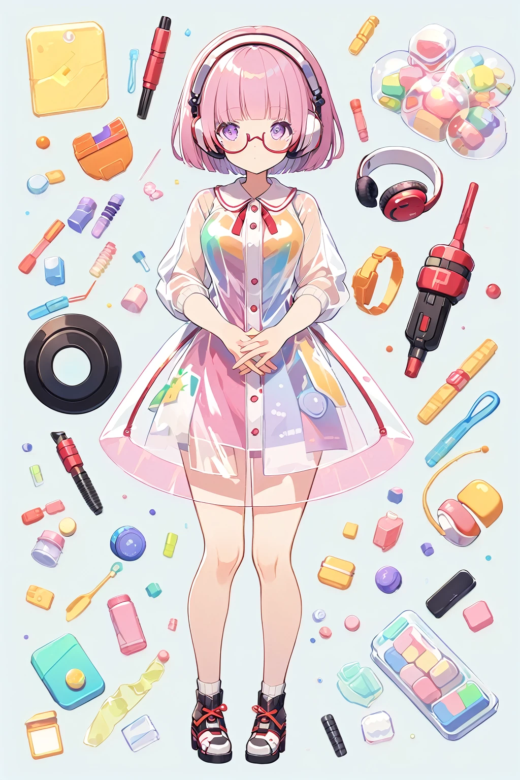 (extremely detailed fine touch:1.3), (((semi-rimless eyewear:1.3))), (headphone:1.2), short hair, blunt bangs, 1 girl, shirt, full body, own hands together, plastic, Transparent clothes,