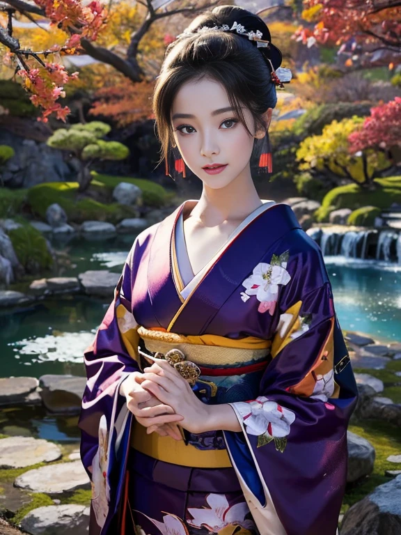 (Highest quality、 8k 、masterpiece、High resolution)、 Japanese painting、Vibrant colors、A woman wearing a kimono、Ample breasts、(Highly detailed face and eyes,Beautiful Face,Beautiful Eyes,Beautiful nose,Pretty lips)、Dynamic painting technique、Japanese garden、Autumn scenery、autumn leaves、Night Sky、moonlight、Detailed Description、