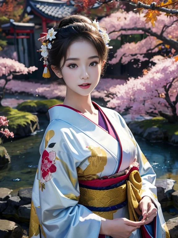 (Highest quality、 8k 、masterpiece、High resolution)、 Japanese painting、Vibrant colors、A woman wearing a kimono、Ample breasts、(Highly detailed face and eyes,Beautiful Face,Beautiful Eyes,Beautiful nose,Pretty lips)、Dynamic painting technique、Japanese garden、Autumn scenery、autumn leaves、Night Sky、moonlight、Detailed Description、