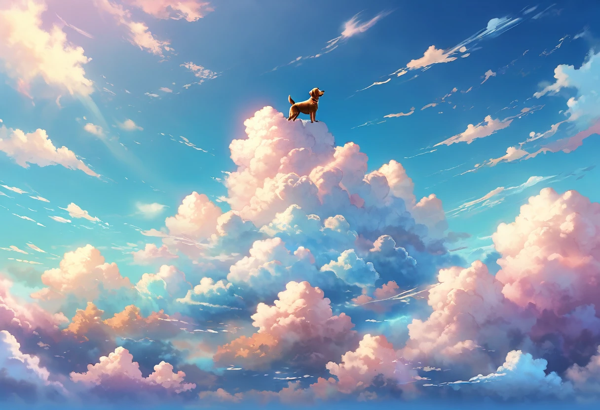 a beautiful detailed sky with clouds, a dog floating in the sky, detailed realistic sky, fluffy clouds, serene atmosphere, peaceful setting, (best quality,8k,highres,masterpiece:1.2),ultra-detailed,(realistic,photorealistic,photo-realistic:1.37),landscape,vibrant colors,dramatic lighting,cinematic composition,ethereal,whimsical,dreamy