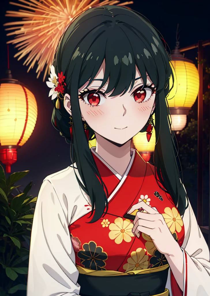 Yorbraia, Yor Briar, Black Hair, (Red eyes:1.5), Earrings, gold hair band, hair band,,smile,blush, Long Hair, Side Lock, (Mid-chest:1.2),Flower Hair Ornaments,black kimono,The place is a fireworks display,Time is night,Japanese Festivals，Summer festival food stalls、Red lantern　　　　　　　break　outdoors,shrine,
break looking at viewer, whole body,
break (masterpiece:1.2), Highest quality, High resolution, unity 8k wallpaper, (shape:0.8), (Beautiful attention to detail:1.6), Highly detailed face, Perfect lighting, Extremely detailed CG, (Perfect hands, Perfect Anatomy),