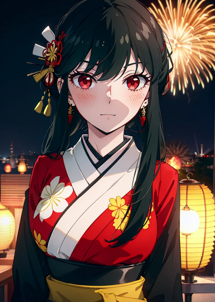 Yorbraia, Yor Briar, Black Hair, (Red eyes:1.5), Earrings, gold hair band, hair band,,smile,blush, Long Hair, Side Lock, (Mid-chest:1.2),Flower Hair Ornaments,black kimono,The place is a fireworks display,Time is night,Japanese Festivals，Summer festival food stalls、Red lantern　　　　　　　break　outdoors,shrine,
break looking at viewer, whole body,
break (masterpiece:1.2), Highest quality, High resolution, unity 8k wallpaper, (shape:0.8), (Beautiful attention to detail:1.6), Highly detailed face, Perfect lighting, Extremely detailed CG, (Perfect hands, Perfect Anatomy),