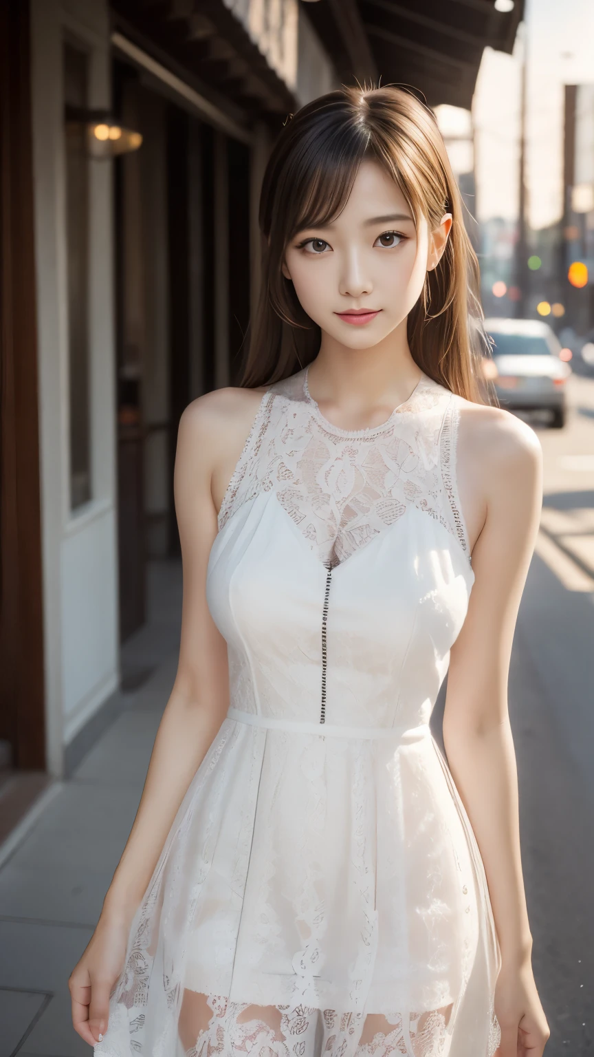 digital portrait、realistic depiction of the human body、RAW photo、one girl、gentle gray eyes、plump lips、An ennui look、huge bouncing busts、shortcut、(((Elegant black lace-like line dress、Dense and artistic lace black line dress、beautiful dress、super luxury dress)))、highest quality、super resolution、master piece:1.5、medium depth of field、50ｍｍlens、cinematic lighting、Backlight、professional photographer、sea side, evening
