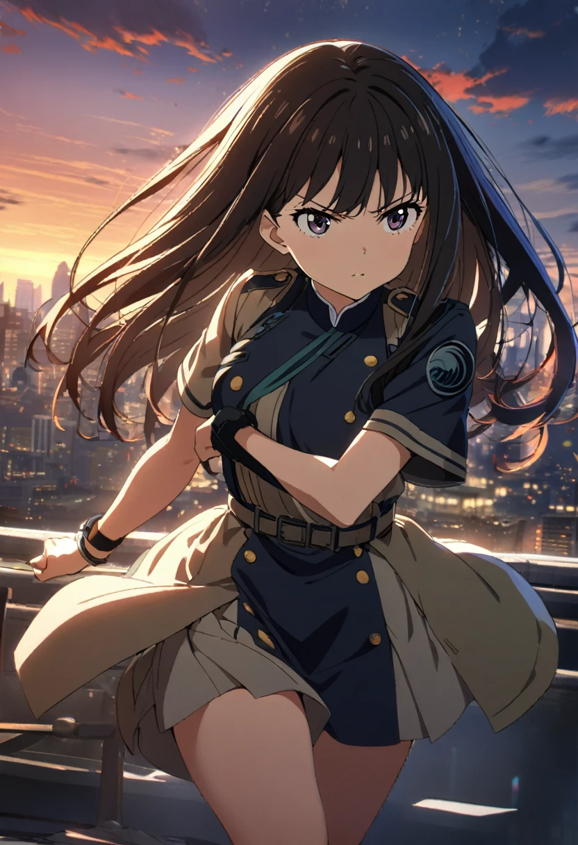 1girl, inoue takina, lycoris recoil, standing on a rooftop at dusk, the sky ablaze with a vivid sunset. The scene is dramatically lit with cinematic lighting, highlighting her intense expression and determined stance. The cityscape in the background glows with the warm hues of the setting sun, creating a masterpiece of the highest quality with absurd resolution
