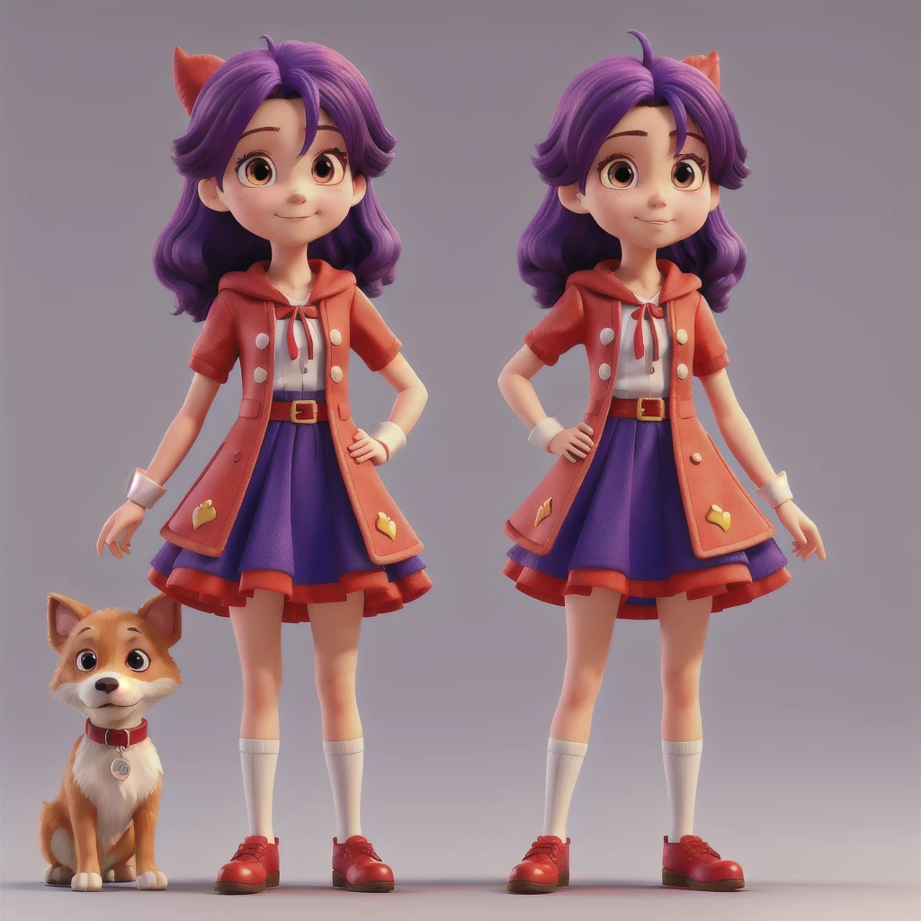 a close up of four images of a girl purple hair in a different red cape dress with the same simple pose with a dog beside her, 1style character, anime styled 3d, render of a cute 3d anime girl, stylized anime, stylized character, 3 d render stylized, high quality character design, stylized character design, cute cartoon character, 3d characters, anime stylized, animation character, cute 3 d render