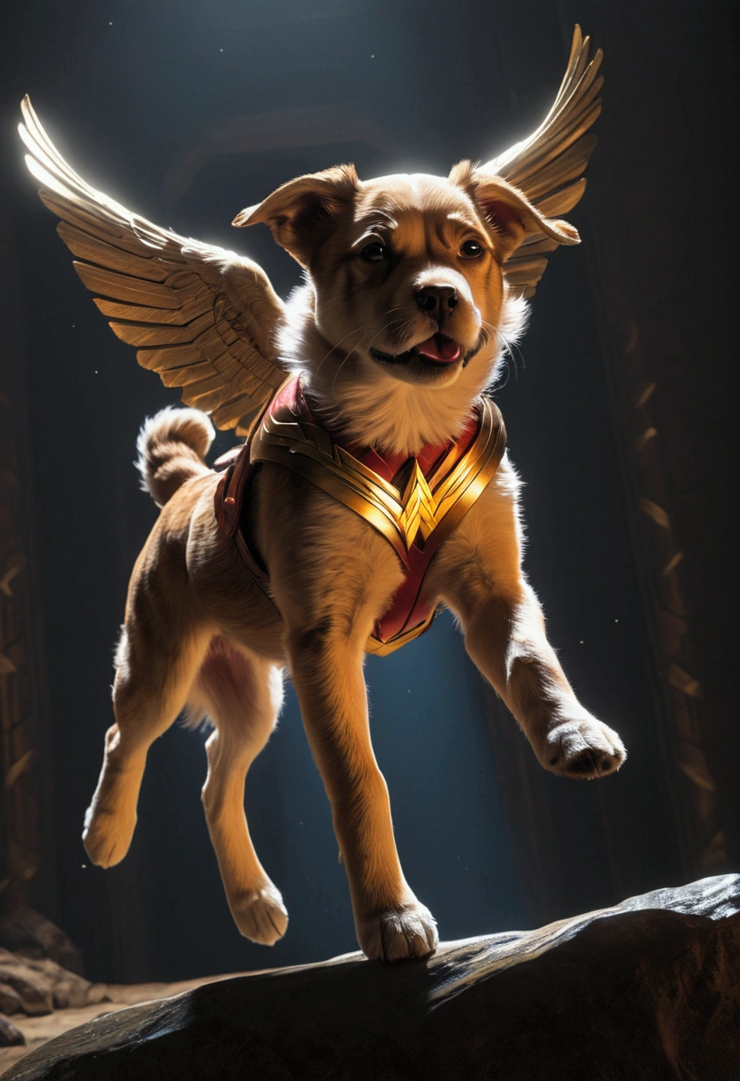 A picture of a Flying puppy in Wonder Woman costume, by Frank Miller and Alex_Ross and Arthur Adams, pulp Comics, fluffy, digital graphics, fantasy, octane rendering, perfect play of light and shadow, 32k UHD, hyper-detailing, hyper-realistic, full body, cinematic still, (best quality, masterpiece), very aesthetic, perfect composition, intricate details, ultra-detailed, vivid colors