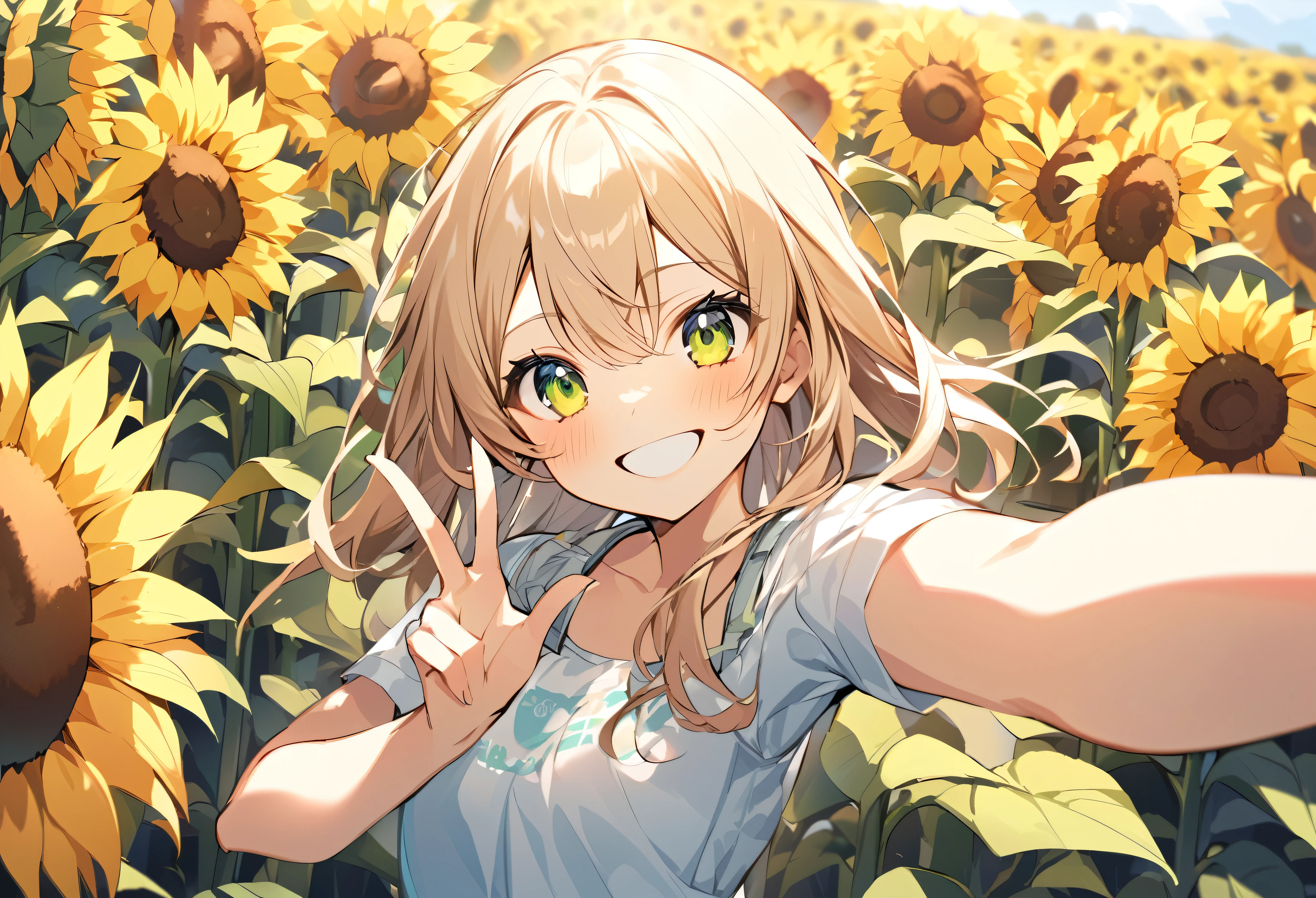 high resolution、Selfie style、peacea_sign、Extend your left hand towards the viewer、Right hand peace sign、Sunflower field、One girl,Upper Body,smile,I&#39;m laughing so hard my eyes are closing,A big smile,Black Hair,long,Shiny Hair