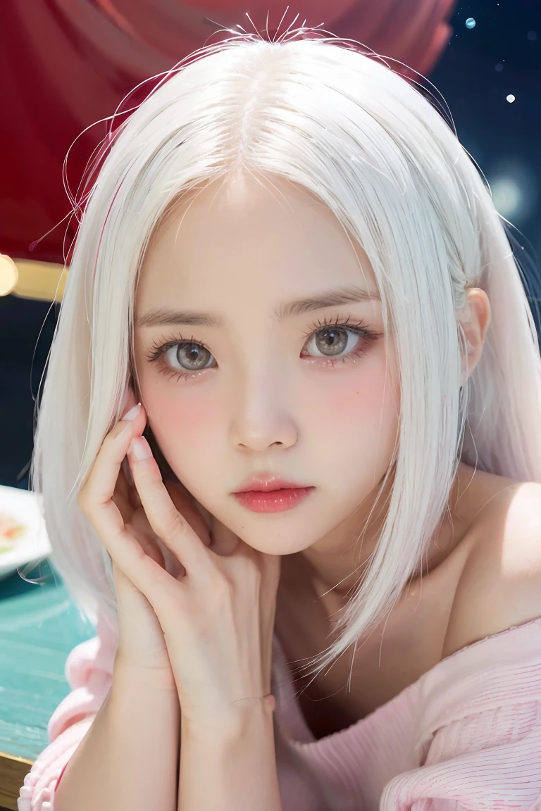 Be a girl with a pink complexion, beautiful eyes (red eyes) and deep as the night sky, half sad face lying on the table, white hair, looking at you, with an anime/semi-realistic style of art  