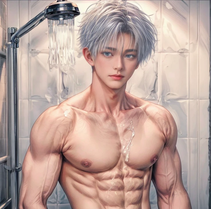 1boy, adult, handsome, perfect face, detailed eyes and face, clean shaved, muscular, capturing a rural atmosphere, dynamic lighting, unreal engine 5, hd picture, satoru gojo, white hair, short hair ,hair between eyes ,blue eyes, white skin, milk nipple details, pink nipple