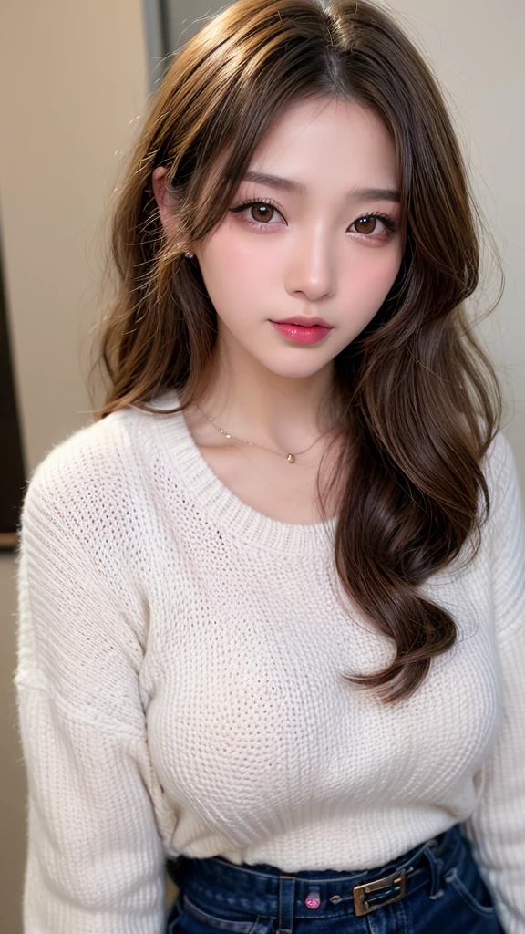Canon RF85mmf/1.2、masterpiece、Highest quality、Ultra-high resolution、VC、1 girl、(Korean mixed race、K-Popアイドル:1.2)、one person、white_Shiny skin、iris、necklace、((Brown long wavy hair))、((Shiny pink lips))、eyelash、bangake、compensate、Shiny、pores、Skin Texture、bracelet、Mid-chest、White knit sweater、腰までのアングル
