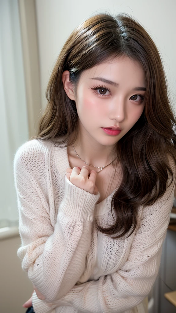 Canon RF85mmf/1.2、masterpiece、Highest quality、Ultra-high resolution、VC、1 girl、(Korean mixed race、K-Popアイドル:1.2)、one person、white_Shiny skin、iris、necklace、((Brown long wavy hair))、((Shiny pink lips))、eyelash、bangake、compensate、Shiny、pores、Skin Texture、bracelet、Mid-chest、White knit sweater、腰までのアングル