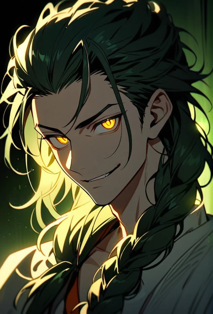 Handsome, solo, 1 man, dark green hair, yellow eyes, 1 man, handsome, male, long hair, detailed, Hair Slicked Back, Messy Hair, Hair Over Shoulder, Glowing Light, Bright Pupils, Smirk, Wide-Eyed, Evil Smile, Amber Eyes, lock of braided hair