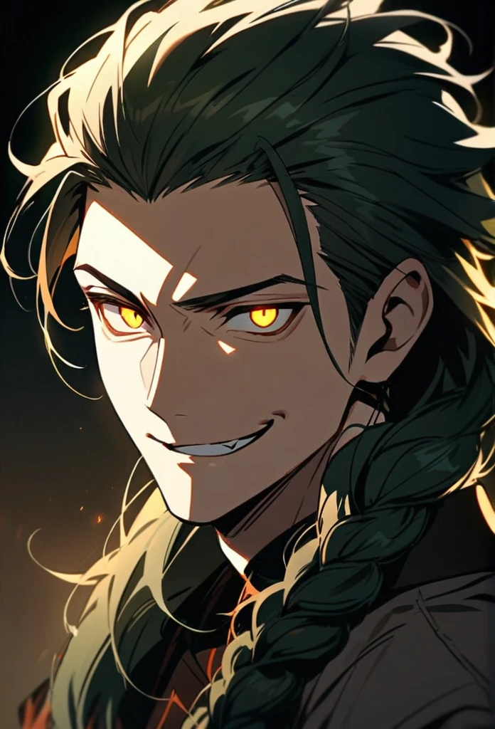 Handsome, solo, 1 man, dark green hair, yellow eyes, 1 man, handsome, male, long hair, detailed, Hair Slicked Back, Messy Hair, Hair Over Shoulder, Glowing Light, Bright Pupils, Smirk, Wide-Eyed, Evil Smile, Amber Eyes, lock of braided hair