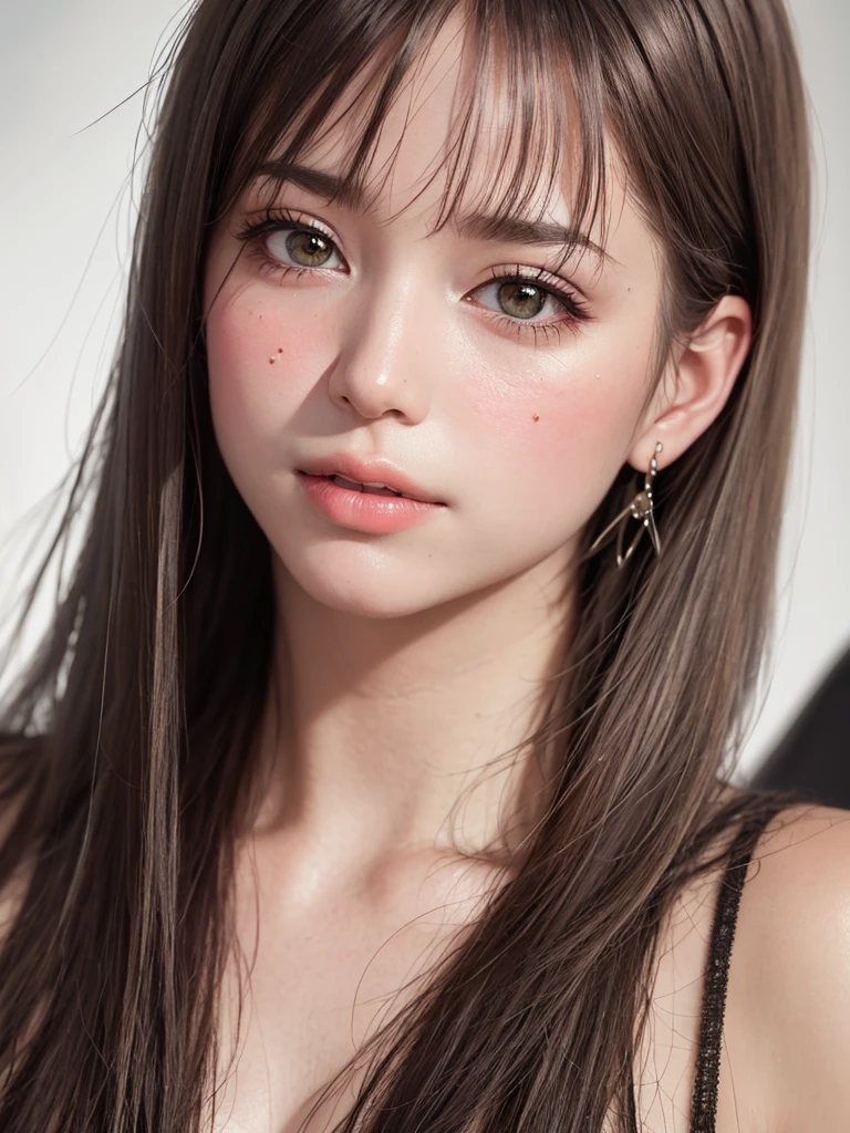 (Highest quality、8k、32K、masterpiece、Hmph:1.2)、(RAW Photos)、(Realistic)、(Photorealistic:1.2)、(High resolution)、Very detailed、Very beautiful face and eyes、1 girl、Round and small face、Big breasts and small waist、Delicate body、(close、Highest quality、Attention to detail、Rich skin detail、Hmph)、(Highest quality、8k、Oil paints:1.2)、Very detailed、(Realistic、Realistic:1.37)、Bright colors、(((Blushing cheeks)))、(((woman'Face)))、(((White and gray underwear)))、(((touch my light brown hair)))、(((Enchanting atmosphere)))、(((Laughter)))、(((From the waist up, it is visible)))、(((White Background)))、((Lob Hair))、(((Pure white wall background)))、(((She is wearing a pink and black T-shirt)))、(((Pure white wall background)))、(((Pink and black outfit)))、(((The dress has Tamil writing on the chest..)))、crescent necklace、The shirt has a crescent moon on the navel..