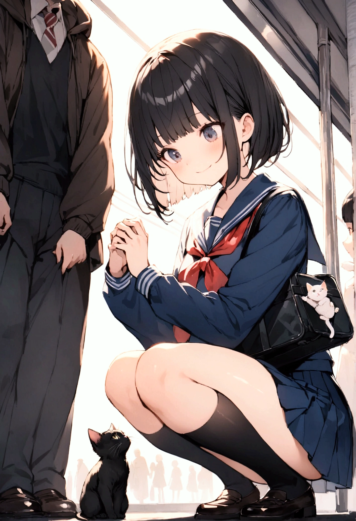 One Woman、1 kitten、crowd、Station platform、beautiful girl、Sailor suit、A gentle smile、Looking at the kitten、Pleated skirt、Hold a school bag with both hands、Age: 18、Bob Cut Hair, Highest quality, body type、Small 、Small ass、Black Hair,The train is coming、Black knee-high socks、Cowboy Shot、Ultra-fine images、Squatting with legs apart、Angle from directly below、Petting a cat、pat、Put the kitten on your lap、The kitten is meowing