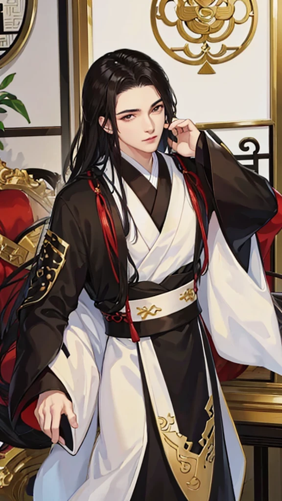 Best quality，masterpiece，16K,,a beautiful man，（Black Hanfu：1.5），Asian building interior，Chinese style，