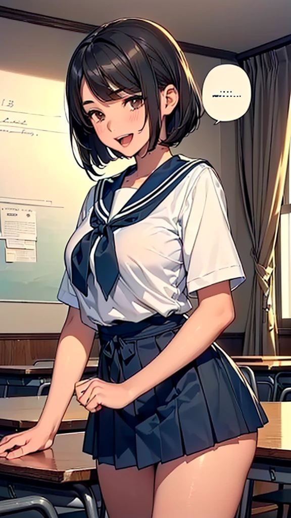(loli:1.38),(14 Years Old:1.68),(young Woman:1.66),(Masterpiece:1.21),(FHD),(16K),(Top Quality:1.24),(Super Resolution),(Super Illustration),(Best Shadow),(High Quality),(Super Detail:1.15), Elaborate,(1 Woman),(Japanese girl:1.1),(black hair:1.21),(big breasts:1.13),(middle hair, bob cut, straight hair, copper tone hair, swept bangs, brown eyes, drooping eyes, big eyes, long eyelashes), (Very dark room:1.76)),(((Middle School))),(Classroom in),((white Sailor uniform, white blouse, navy ribbon,black pleated skirt,white socks,black loafers)),(cartoon speech bubble:1.33),(open one's mouth:1.22),(to talk:1.2), (lovely smile, upper eyes)