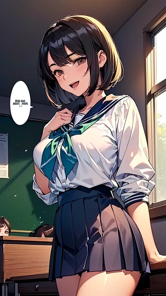 (:1.38),(14 Y8),(young Woman:1.66),(Masterpiece:1.21),(FHD),(16K),(Top Quality:1.24),(Super Resolution),(Super Illustration),(Best Shadow),(High Quality),(Super Detail:1.15), Elaborate,(1 Woman),(Japanese girl:1.1),(black hair:1.21),(big breasts:1.13),(middle hair, bob cut, straight hair, copper tone hair, swept bangs, brown eyes, drooping eyes, big eyes, long eyelashes), (Very dark room:1.76)),(((Middle School))),(Classroom in),((white Sailor uniform, white blouse, navy ribbon,black pleated skirt,white socks,black loafers)),(cartoon speech bubble:1.33),(open one's mouth:1.22),(to talk:1.2), (lovely smile, upper eyes)