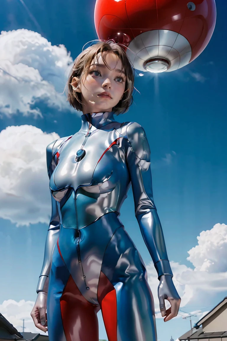 (((blue sky with cloud in background))), Ultraman、realistic、realistic、cinematic lighting, Girl in a shiny red and silver suit、18 years old、professional photo, Japanese model, Japanese cgi、Ultraman Suit、tight and thin cyber suit, Whole body rubbery delicate body, big breasts、small ass、thin thighs、thin arms、thin waist、、Both sides of the cyber suit stick to the skin、Big eyes、facing the front、facing the front、A glowing sphere is embedded in the chest.