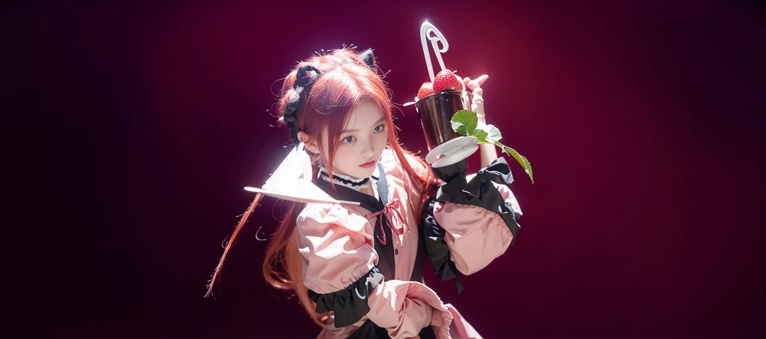 Promotional photo, the place is a coffee shop, 1 girl, 16-year-old face, waitress carrying cake to the table, red-haired twin tails, gentle face, half costume of gothic lolita and maid costume with the image of strawberries, clothes based on white,