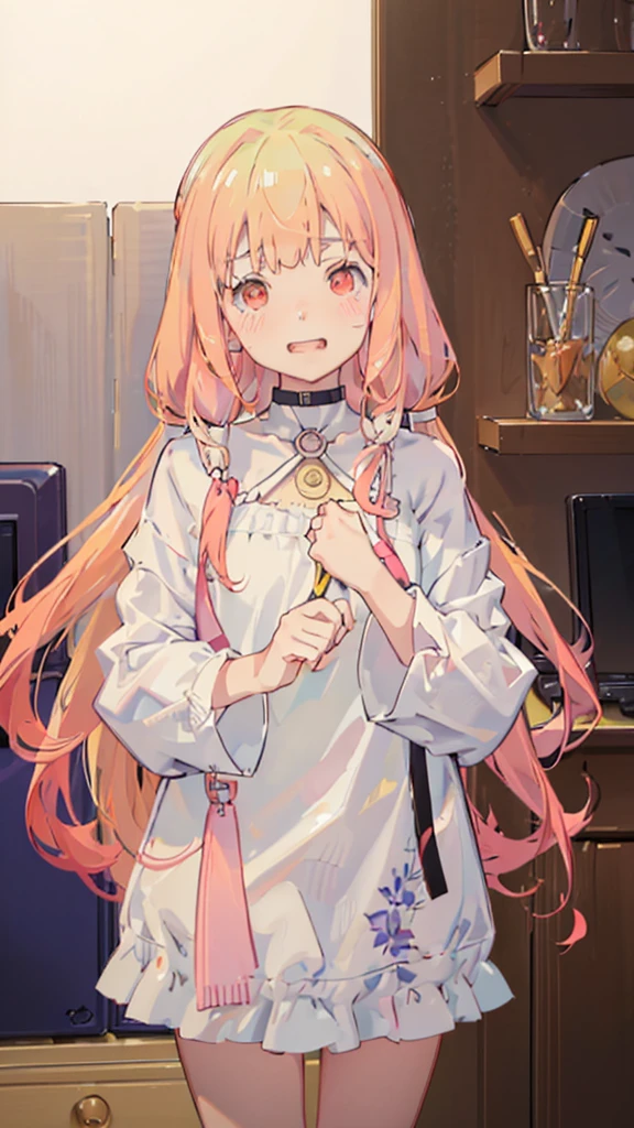 ((masterpiece))((Highest quality))girl、Laughing with your mouth open、blush、Flat Chest、Are thin、Blonde Hair、blush、Are standing、Whole body image、Eye level on face、、No background、Hair is two colors、Twin tails、Red Eyes、Two-tone red and yellow hair、Completely naked、Greeting with pussy、