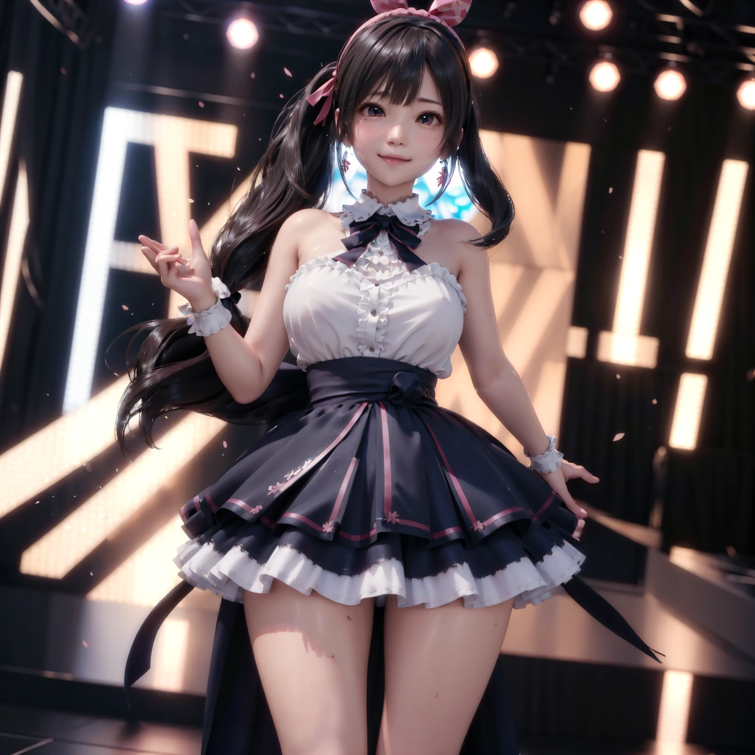 女の子1人、Idol、stage、solofocus、((Mini See-Through Dress))、elbow dress、Black Niso、Pink ruffles、a miniskirt、bow ribbon、One leg raised、Floating hair、Looking at the camera、frontage、spot light、Dynamism、thighs thighs thighs thighs、Glossy skin