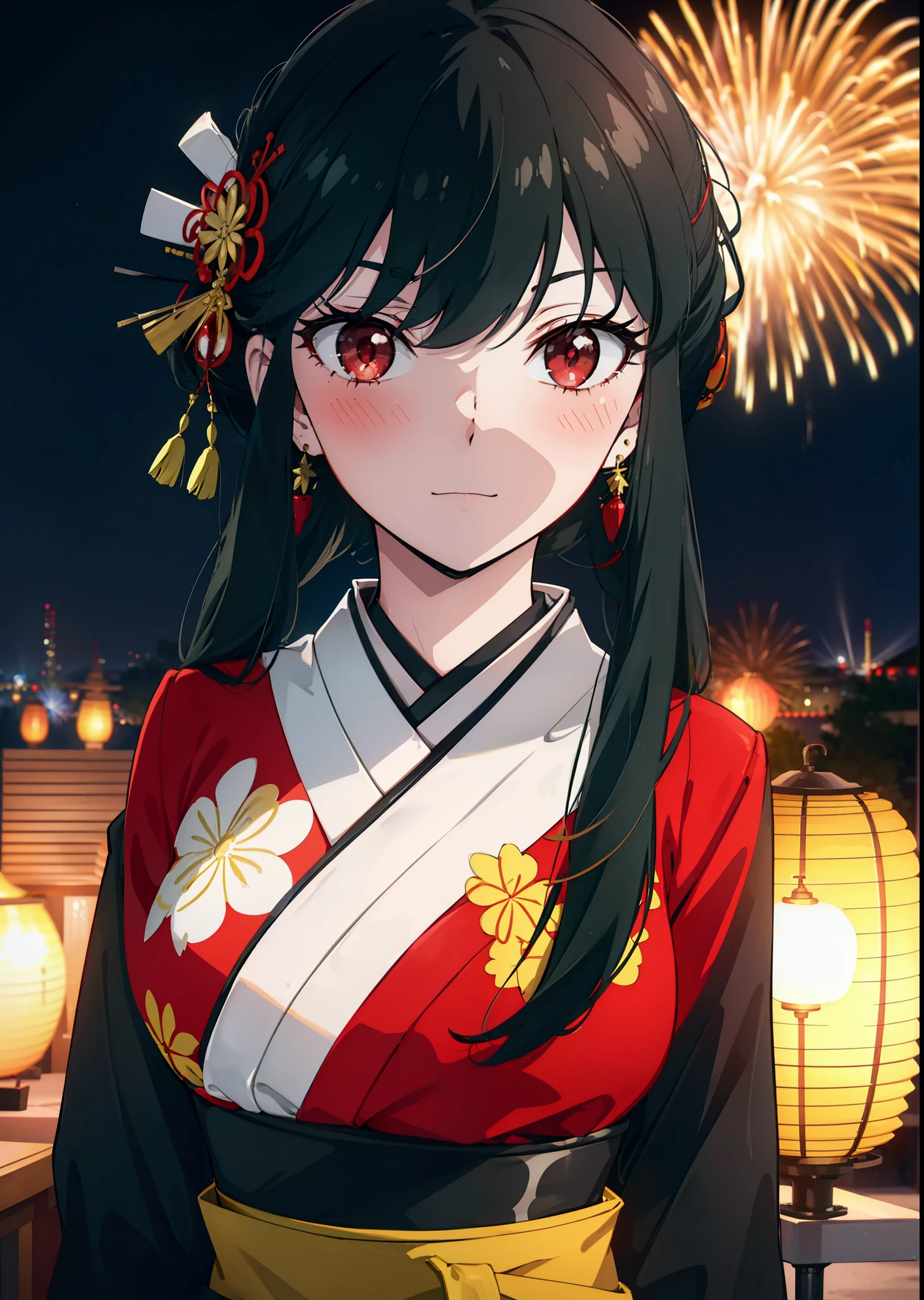 Yorbraia, Yor Briar, Black Hair, (Red eyes:1.5), Earrings, gold hair band, hair band,,smile,blush, Long Hair, Side Lock, (Mid-chest:1.2),Flower Hair Ornaments,black kimono,The place is a fireworks display,Time is night,Japanese Festivals，Summer festival food stalls、Red lantern　　　　　　　break　outdoors,shrine,
break looking at viewer, whole body,
break (masterpiece:1.2), Highest quality, High resolution, unity 8k wallpaper, (shape:0.8), (Beautiful attention to detail:1.6), Highly detailed face, Perfect lighting, Extremely detailed CG, (Perfect hands, Perfect Anatomy),