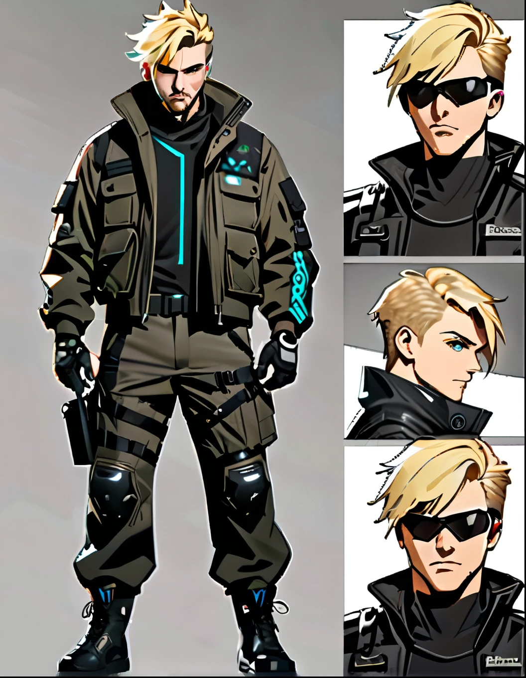 1male, blond-haired man in military uniform, cyberpunk street goon, hyper-realistic cyberpunk style, jetstream sam from metal gear, techwear look and clothes, cyberpunk streetwear, cyberpunk soldier, young blonde boy fantasy thief, soldier outfit, wearing techwear and armor, wearing japanese techwear, soldier 7 6 from overwatch, wearing cyberpunk streetwear, green eyes. ((Character Sheet Full-Length)). ((Solo, solo focus)).