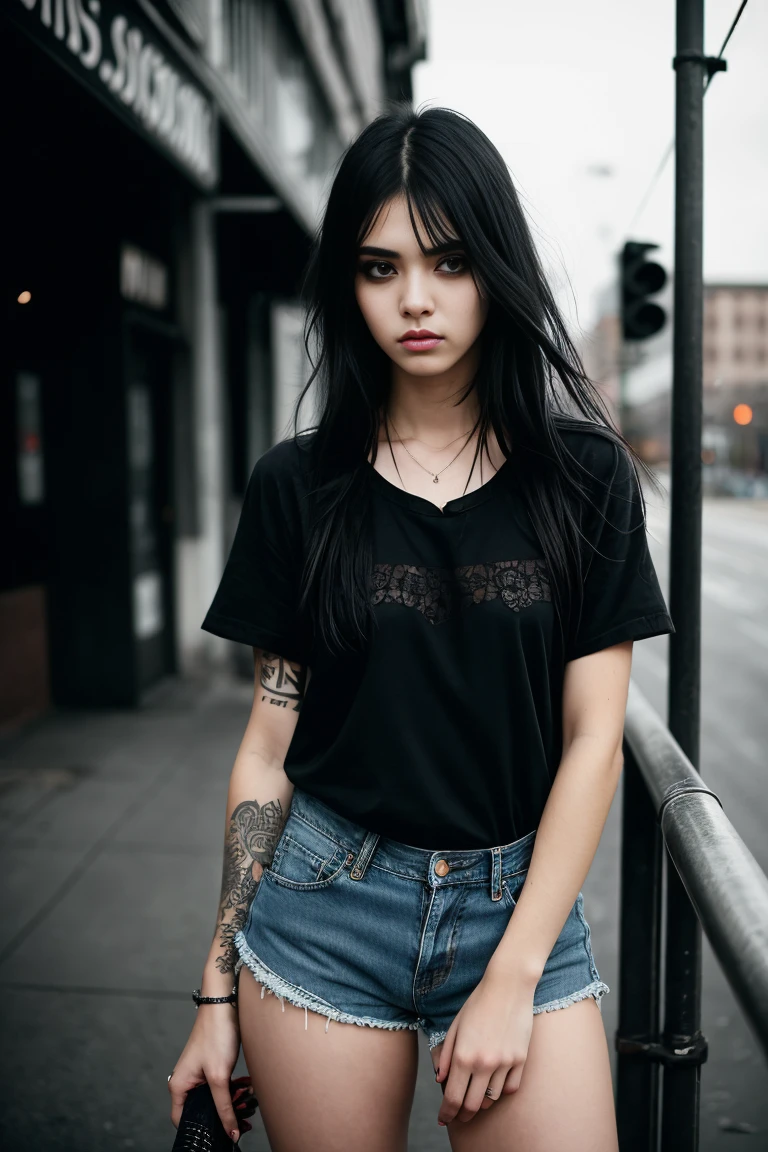 a beautiful 18 year old slim and sexy woman, emo girl, black dress, denim shorts, detailed face, long eyelashes, intricate makeup, moody expression, cinematic composition,  grungy urban environment