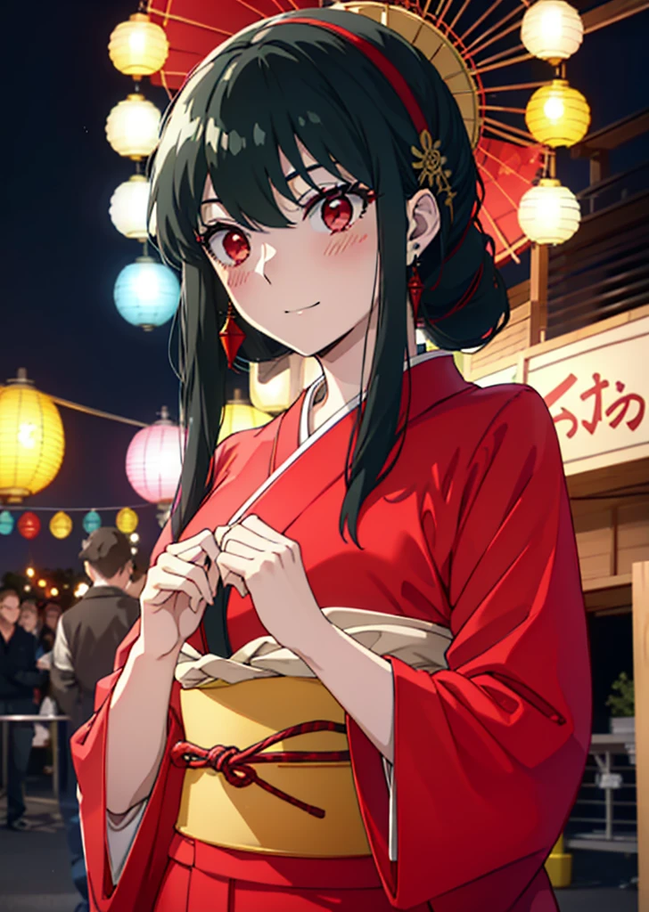 Yorbraia, Yor Briar, Black Hair, (Red eyes:1.5), Earrings, gold hair band, hair band,,smile,blush, Long Hair, Side Lock, (Mid-chest:1.2),Flower Hair Ornaments,black kimono,The place is a fireworks display,Time is night,Japanese Festivals，Summer festival food stalls、Red lantern　　　　　　　break　outdoors,shrine,
break looking at viewer, whole body,
break (masterpiece:1.2), Highest quality, High resolution, unity 8k wallpaper, (shape:0.8), (Beautiful attention to detail:1.6), Highly detailed face, Perfect lighting, Extremely detailed CG, (Perfect hands, Perfect Anatomy),