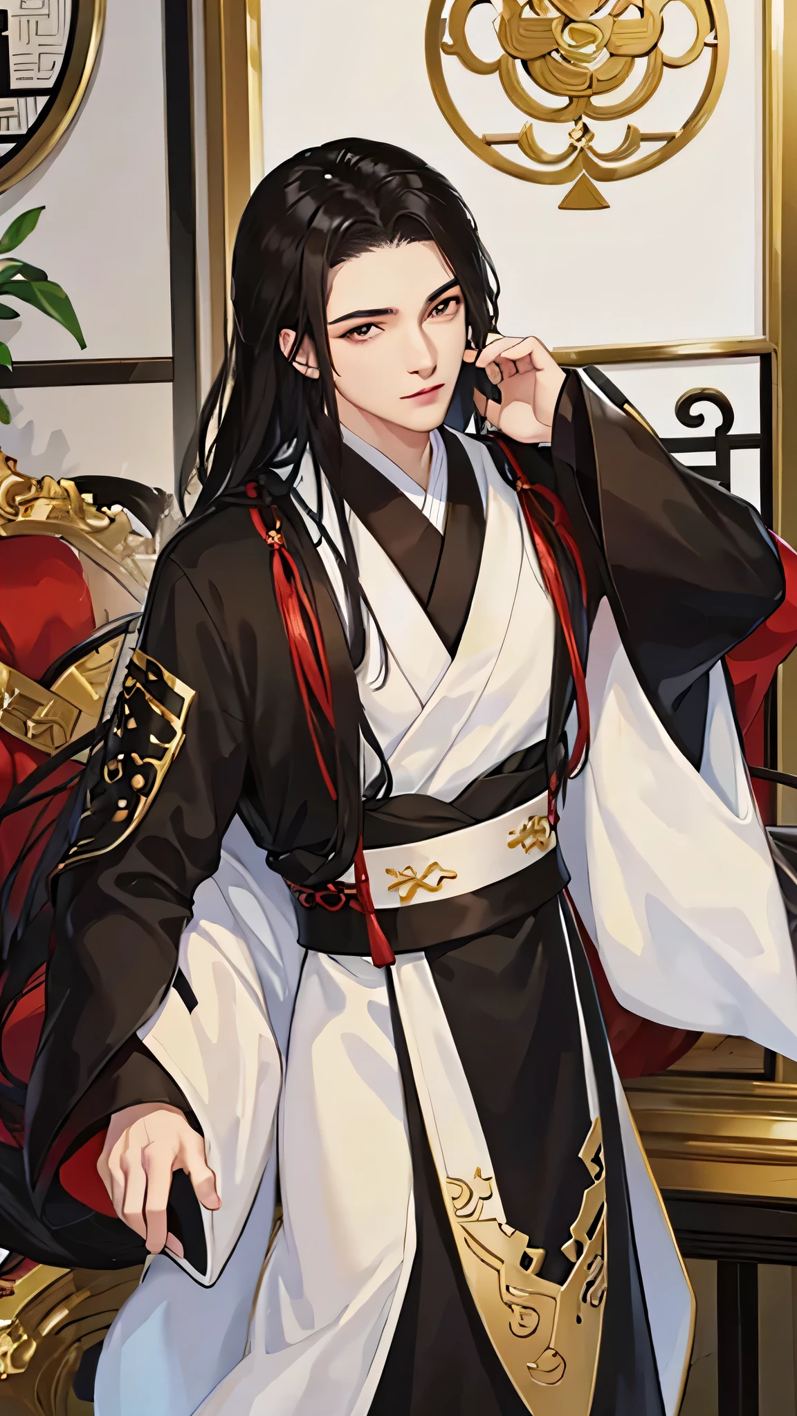 Best quality,masterpiece,16K,,a beautiful man,(Black Hanfu:1.5),Asian building interior,Chinese style,