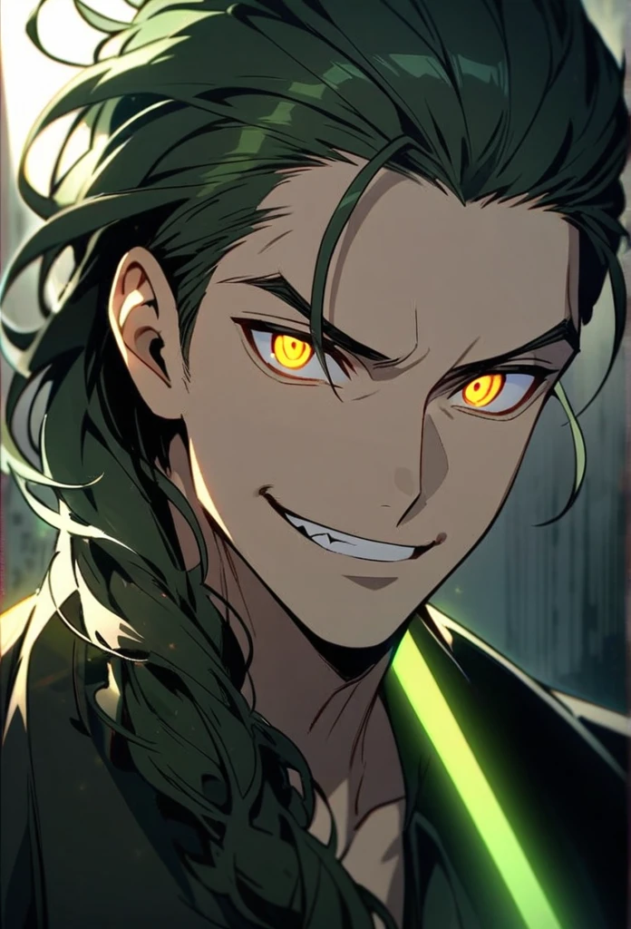 Handsome, solo, 1 man, dark green hair, yellow eyes, 1 man, handsome, male, long hair, detailed, Hair Slicked Back, Messy Hair, Hair Over Shoulder, Glowing Light, Bright Pupils, Smirk, Wide-Eyed, Evil Smile, Amber Eyes, 