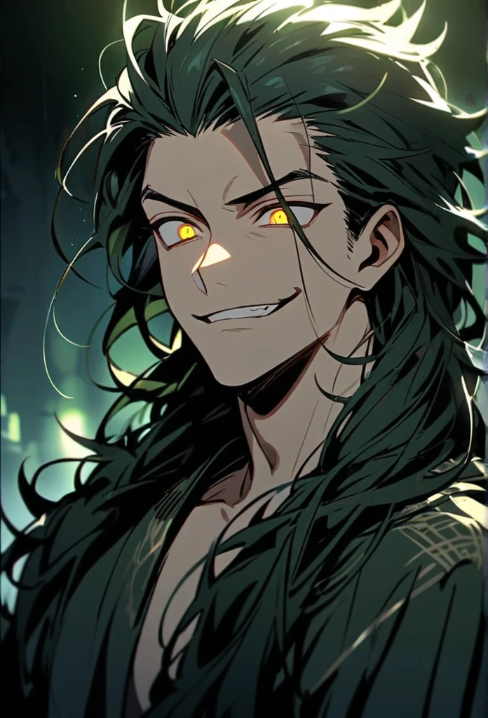 Handsome, solo, 1 man, dark green hair, yellow eyes, 1 man, handsome, male, long hair, detailed, Hair Slicked Back, Messy Hair, Hair Over Shoulder, Glowing Light, Bright Pupils, Smirk, Wide-Eyed, Evil Smile, Amber Eyes, 