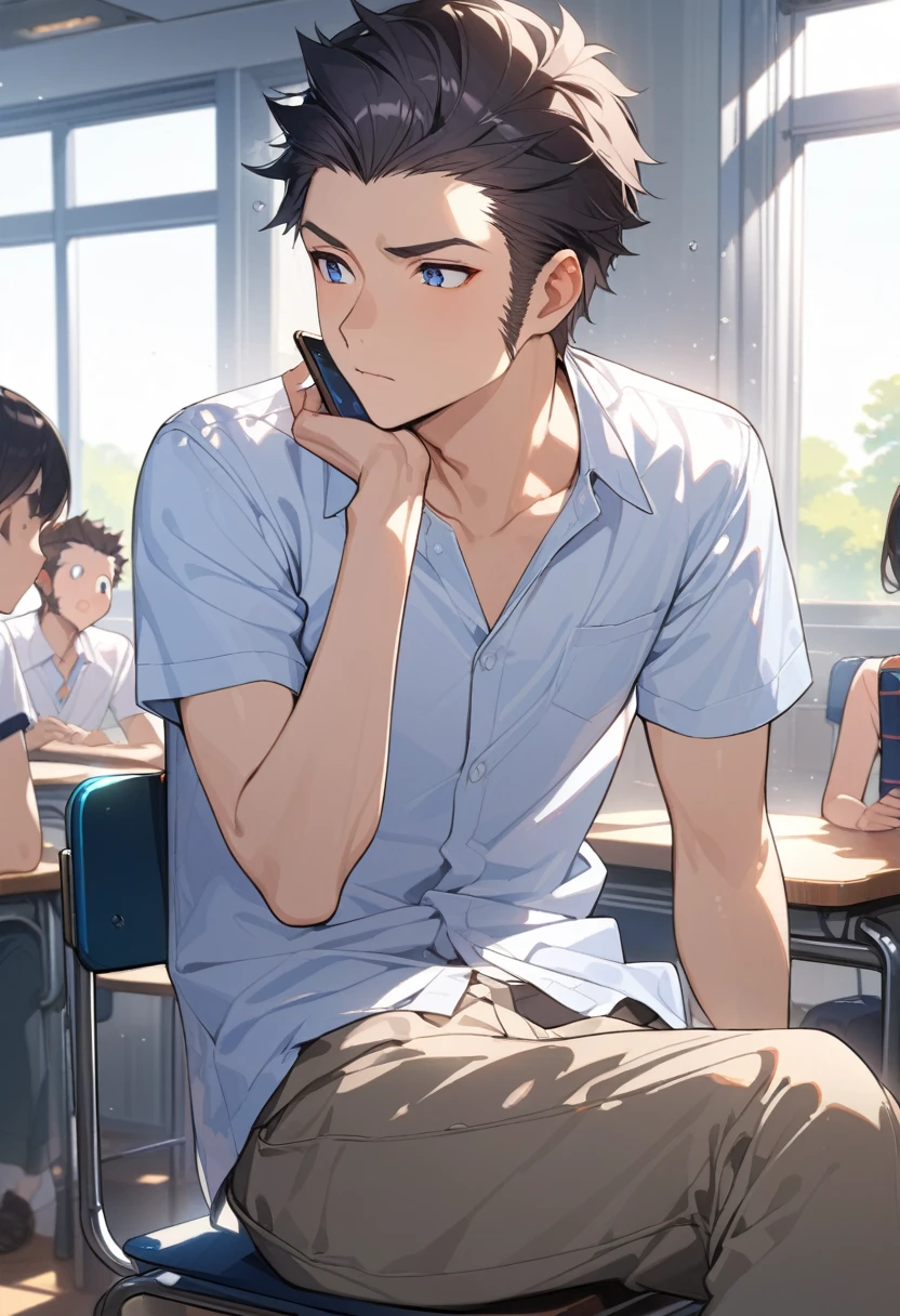 masterpiece, best quality, extremely detailed, ultra detailed, flat anime, 2D, ((1boy)),black hair, (short hair:1.5),blue eyes, height 1.7meters, (circle eyes:1.2), (young adult:1.2), Ear-length sideburns,height 1.7meters, High School Uniforms, white shirt, blue tie, ((short sleeves)), ((long pants)), sitting, closed mouth, thinking, upper body, summer, classroom, 11AM,looking at his smart phone., Operating a smart phone, baby face, bangs