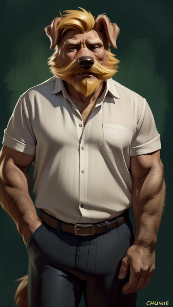 by chunie by catsudon by retros, male,upset,((annoyance)),((middle aged male)),((Bearded)),((Mustache)), equid, solo,(musuclar), ((Dog,tail)),(golden hair), facial hair, facing viewer, ((Highly detailed face)), (((daddy Figure))), ((smilling)), green abstract background, ((white shirt)),((short pants)),((((wise)))),((DILF)),