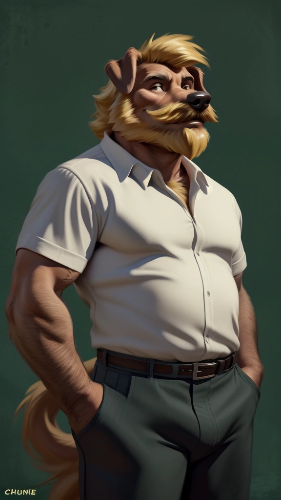 by chunie by catsudon by retros, male,upset,((annoyance)),((middle aged male)),((Bearded)),((Mustache)), equid, solo,(musuclar), ((Dog,tail)),(golden hair), facial hair, facing viewer, ((Highly detailed face)), (((daddy Figure))), ((smilling)), green abstract background, ((white shirt)),((short pants)),((((wise)))),((DILF)),