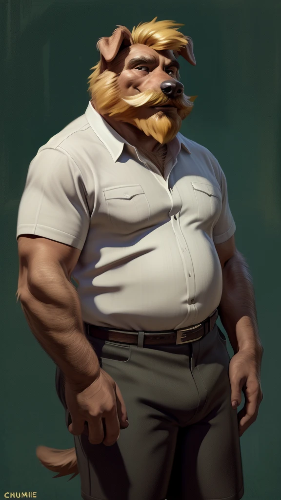by chunie by catsudon by retros, male,upset,((annoyance)),((middle aged male)),((Bearded)),((Mustache)), equid, solo,(musuclar), ((Dog,tail)),(golden hair), facial hair, facing viewer, ((Highly detailed face)), (((daddy Figure))), ((smilling)), green abstract background, ((white shirt)),((short pants)),((((wise)))),((DILF)),
