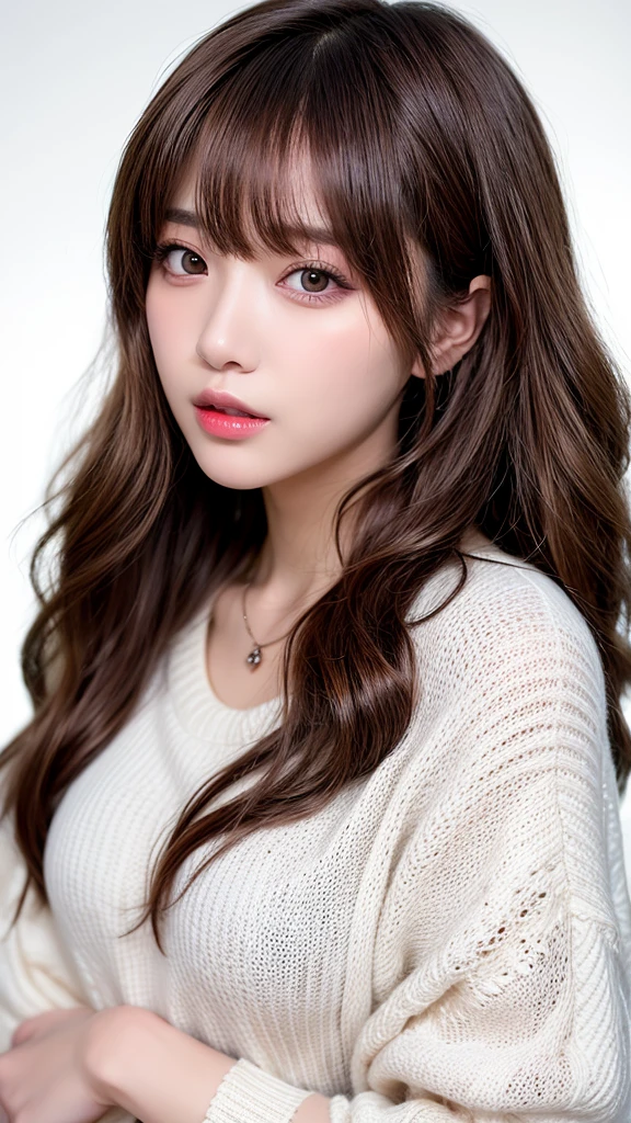 Canon RF85mmf/1.2、masterpiece、Highest quality、Ultra-high resolution、VC、1 girl、(Korean mixed race、K-Popアイドル:1.2)、one person、white_Shiny skin、iris、necklace、((Brown long wavy hair))、((Shiny pink lips))、eyelash、bangake、compensate、Shiny、pores、Skin Texture、bracelet、Mid-chest、White knit sweater、腰までのアングル、黒レースビキニ