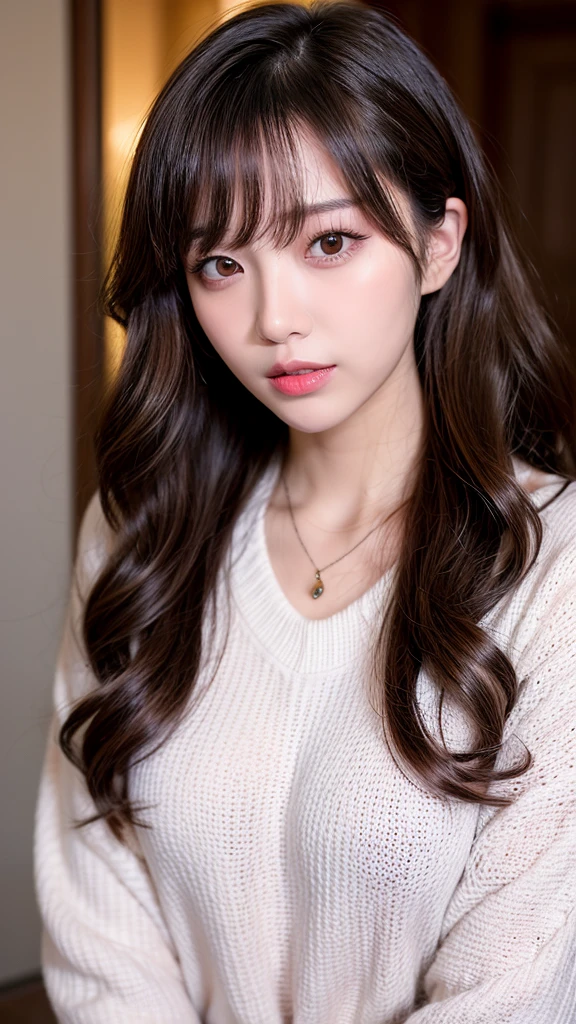 Canon RF85mmf/1.2、masterpiece、Highest quality、Ultra-high resolution、VC、1 girl、(Korean mixed race、K-Popアイドル:1.2)、one person、white_Shiny skin、iris、necklace、((Brown long wavy hair))、((Shiny pink lips))、eyelash、bangake、compensate、Shiny、pores、Skin Texture、bracelet、Mid-chest、White knit sweater、腰までのアングル、黒レースビキニ