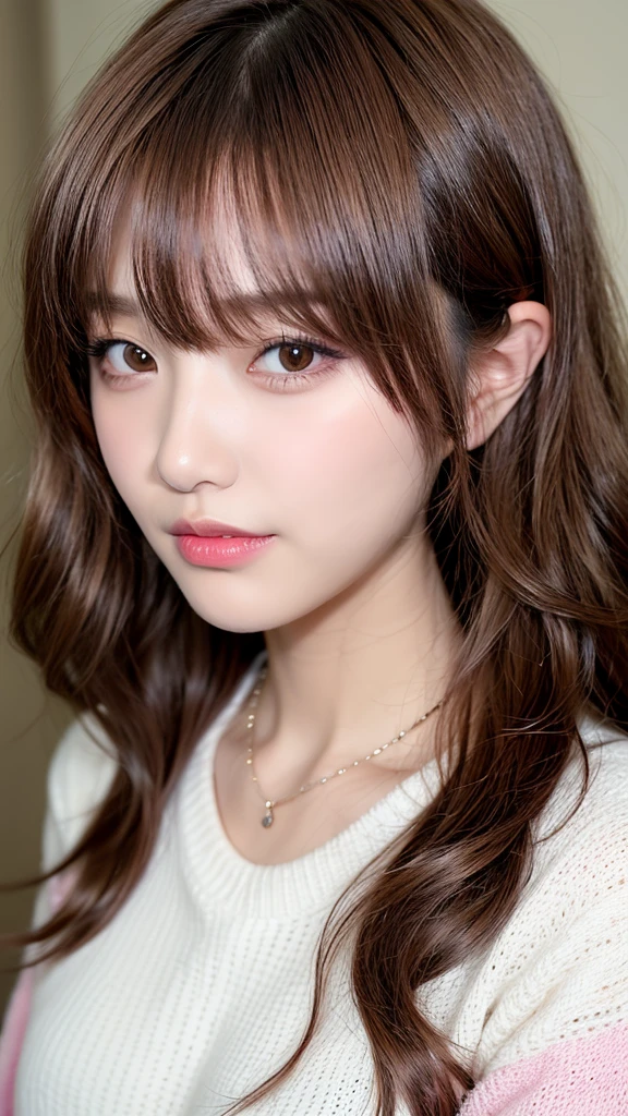 Canon RF85mmf/1.2、masterpiece、Highest quality、Ultra-high resolution、VC、1 girl、(Korean mixed race、K-Popアイドル:1.2)、one person、white_Shiny skin、iris、necklace、((Brown long wavy hair))、((Shiny pink lips))、eyelash、bangake、compensate、Shiny、pores、Skin Texture、bracelet、Mid-chest、White knit sweater、腰までのアングル、黒レースビキニ