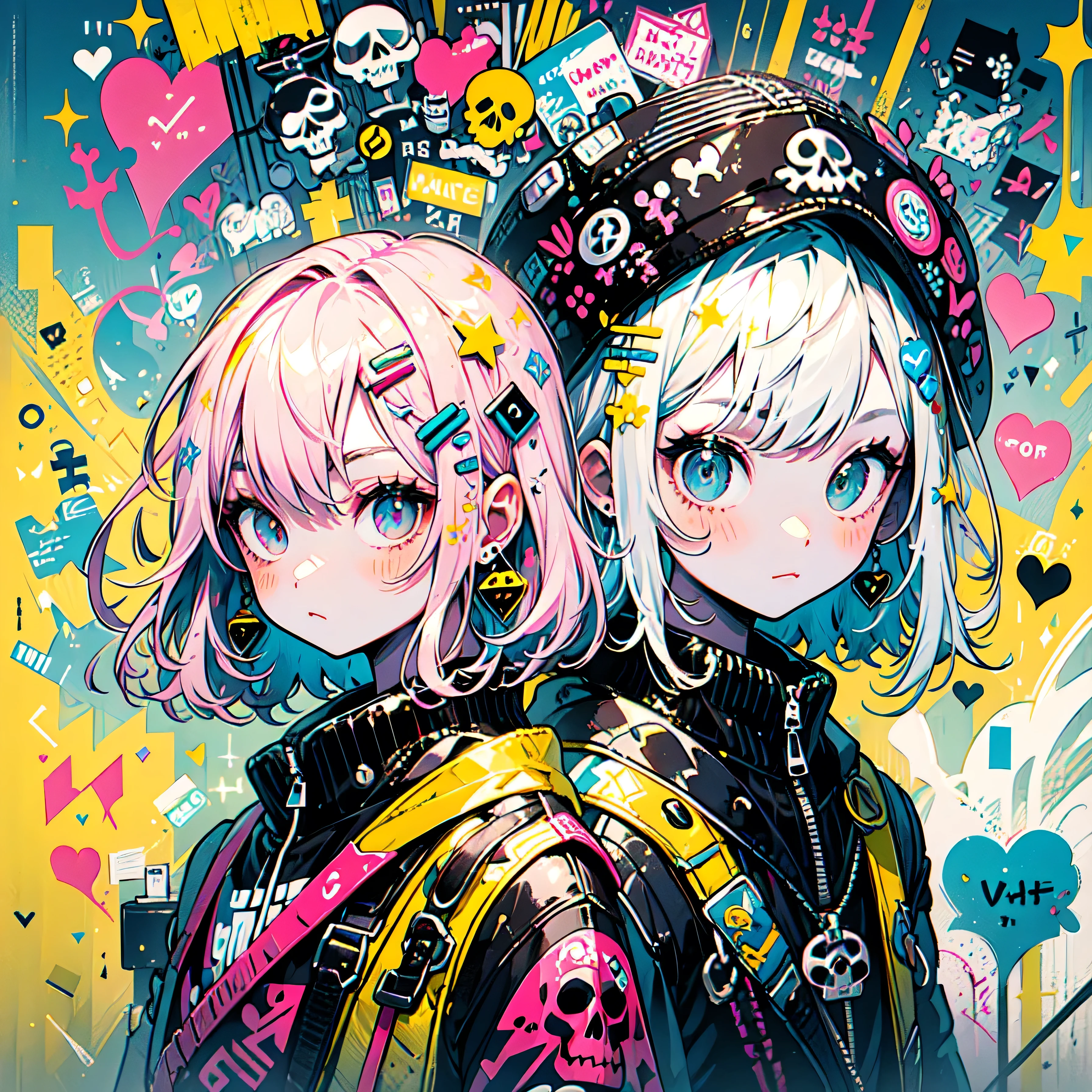 akira toriyama style、"cute, beautiful, Adorable girl in pink clothes, yellow, Baby blue color scheme. She is wearing a skull-motif outfit inspired by female pirates..。.。.。.。.。.。.... Fashionable hats, rock、Comes with decorative accessories such as hair clips. Embodying the vibrant and modern Harajuku fashion style。."